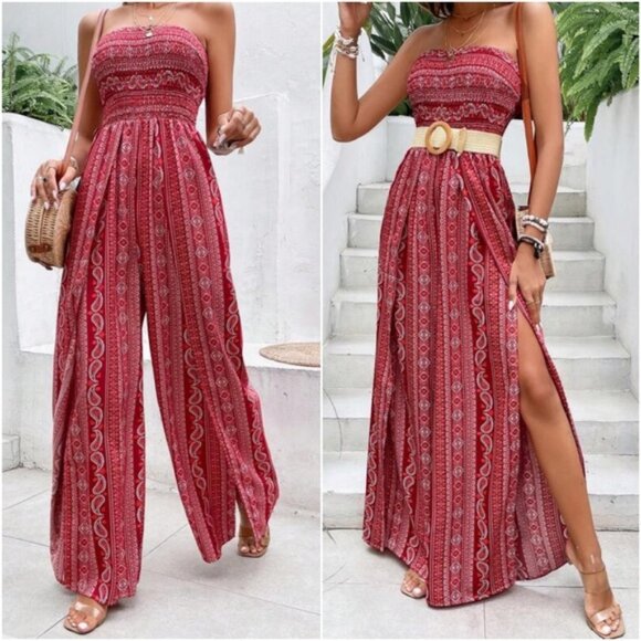 Boho Red paisley Print Strapless Wide leg Jumpsuit - Picture 1 of 4